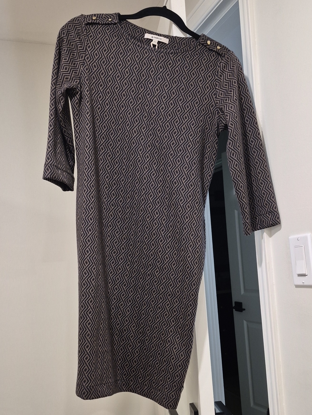 Geometric Midi Dress in Navy and White with Button-Shoulder Detail